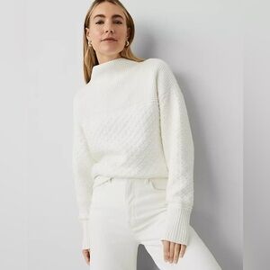 Ann Taylor Weekend Collection Mixed Stitch White Drop Shoulder Sweater Mock Neck